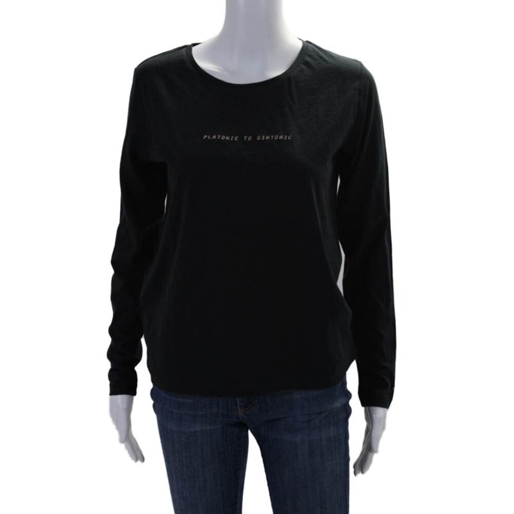 Bassigue Womens Long Sleeve Scoop Neck Tee Shirt Black Cotton Size Small